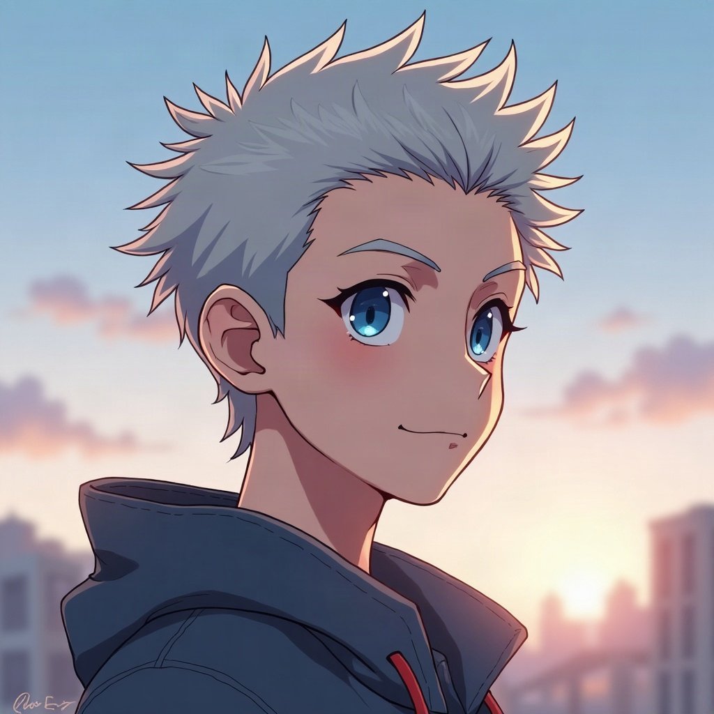 anime boy pfp — silver undercut, calm blue eyes, confident smirk