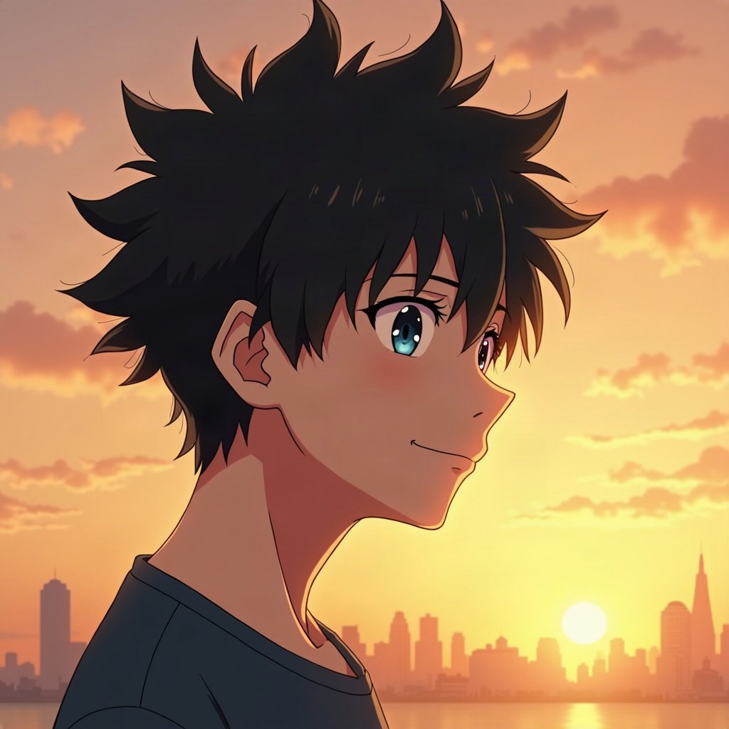 anime boy pfp — spiky black hair, heterochromia one blue one gold, gentle soft smile