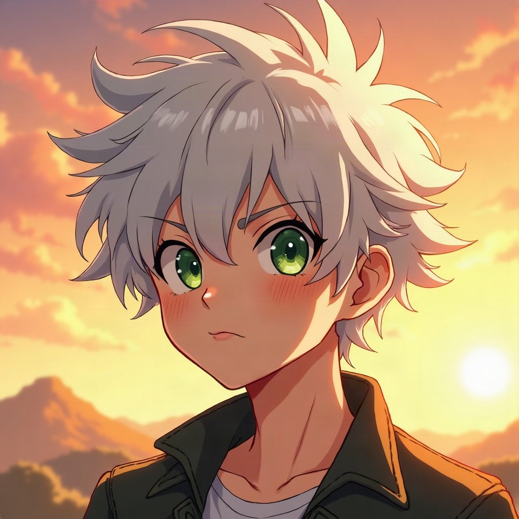anime boy pfp — messy white hair, sharp green eyes, confident smirk