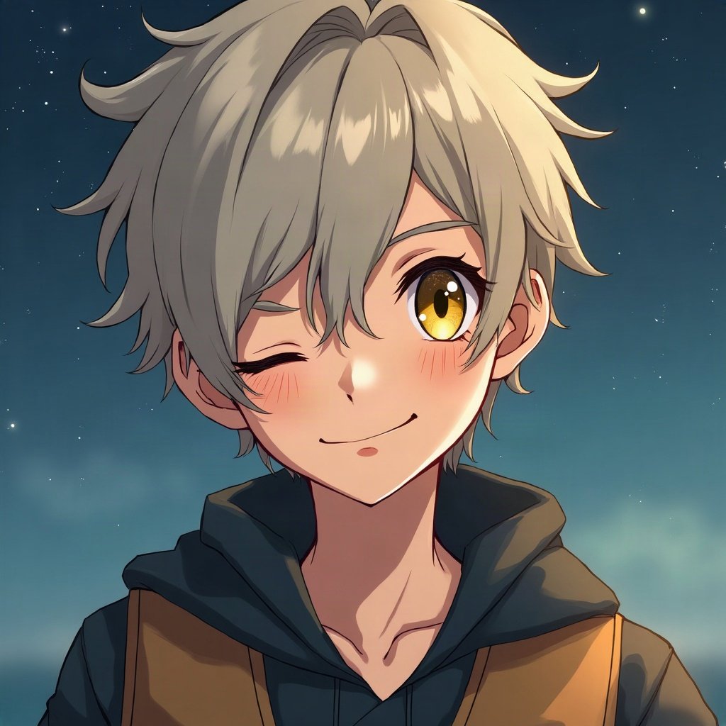 anime boy pfp — ash blond fringe over one eye, golden amber eyes, confident smirk