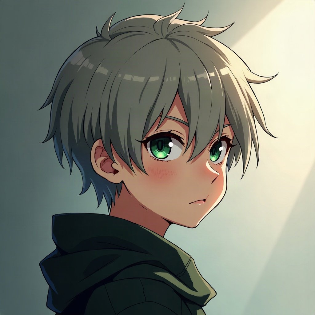 anime boy pfp — ash blond fringe over one eye, sharp green eyes, cold distant stare