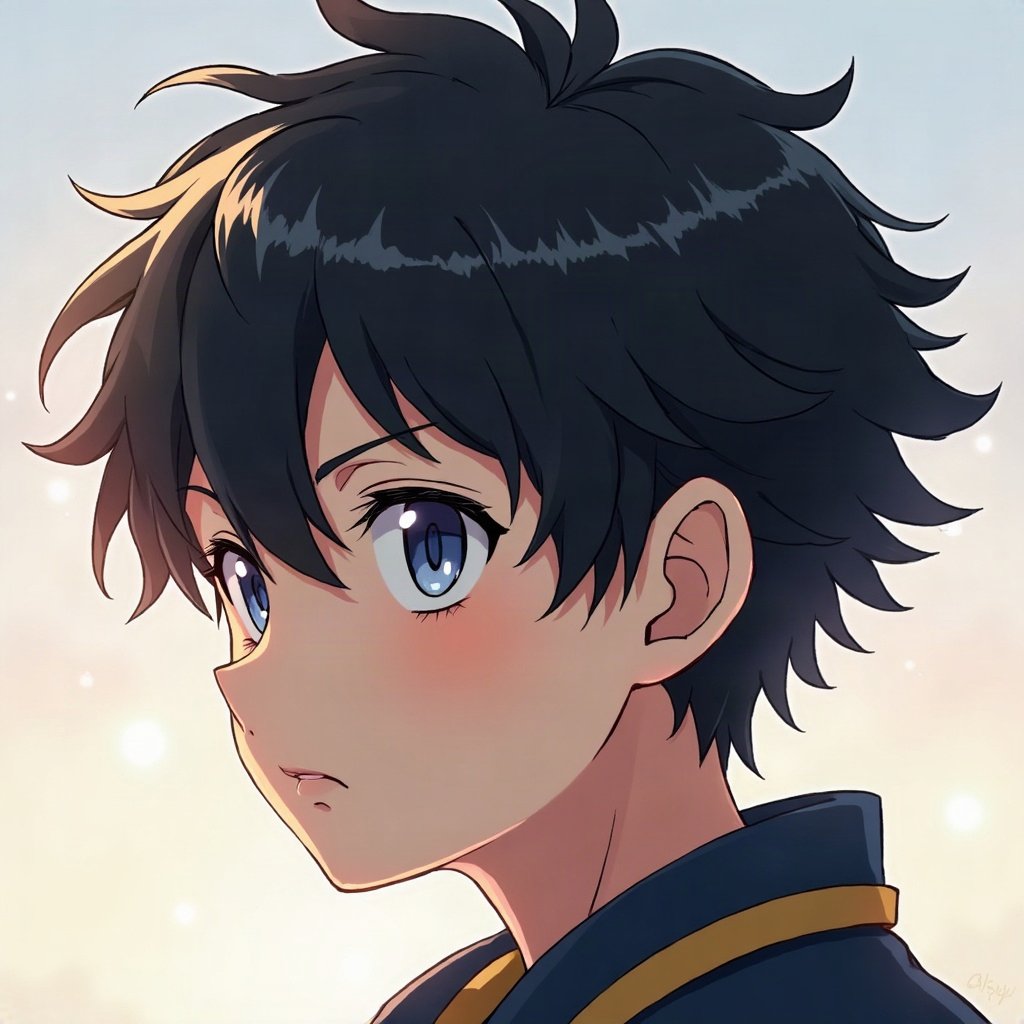 anime boy pfp — black hair with white streak, heterochromia one blue one gold, battle-ready focus