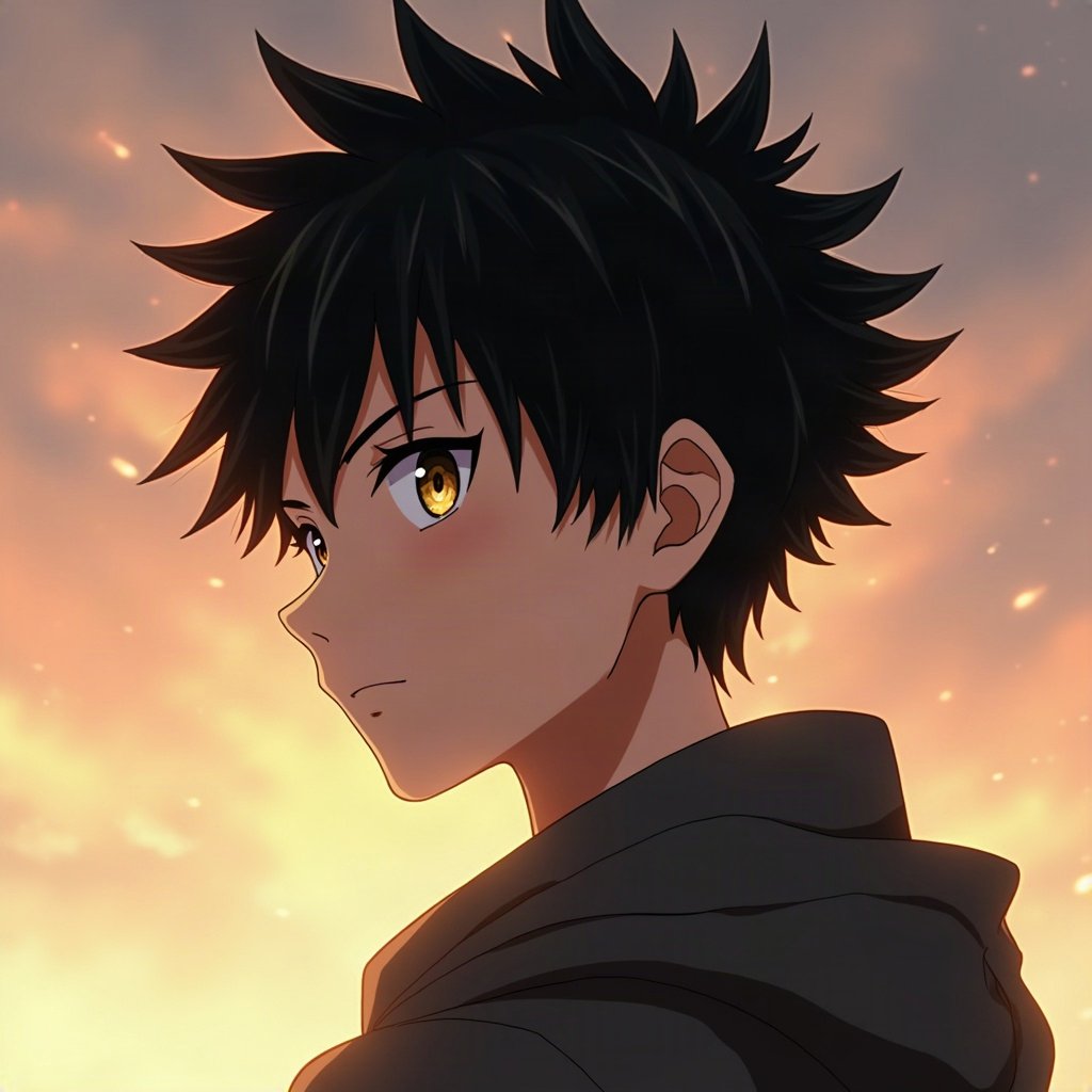 anime boy pfp — spiky black hair, golden amber eyes, cold distant stare
