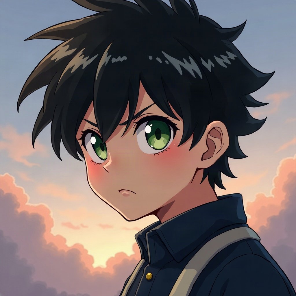 anime boy pfp — black hair with white streak, sharp green eyes, battle-ready focus