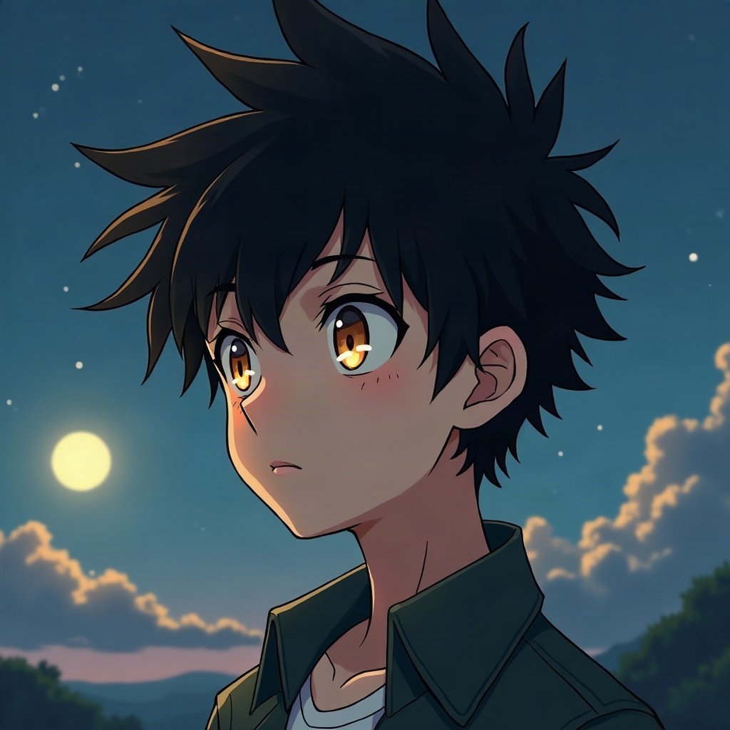 anime boy pfp — spiky black hair, golden amber eyes, thoughtful side glance
