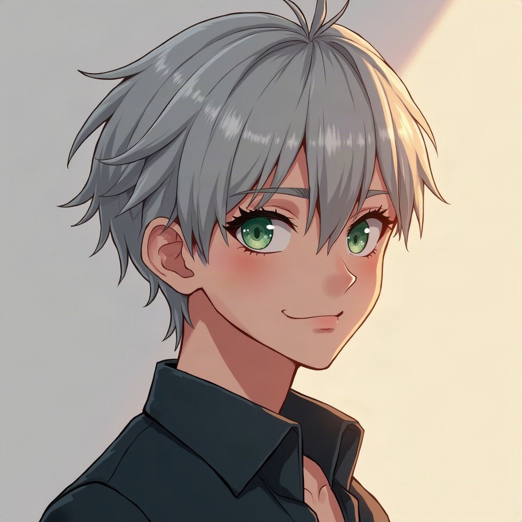 anime boy pfp — silver undercut, sharp green eyes, confident smirk