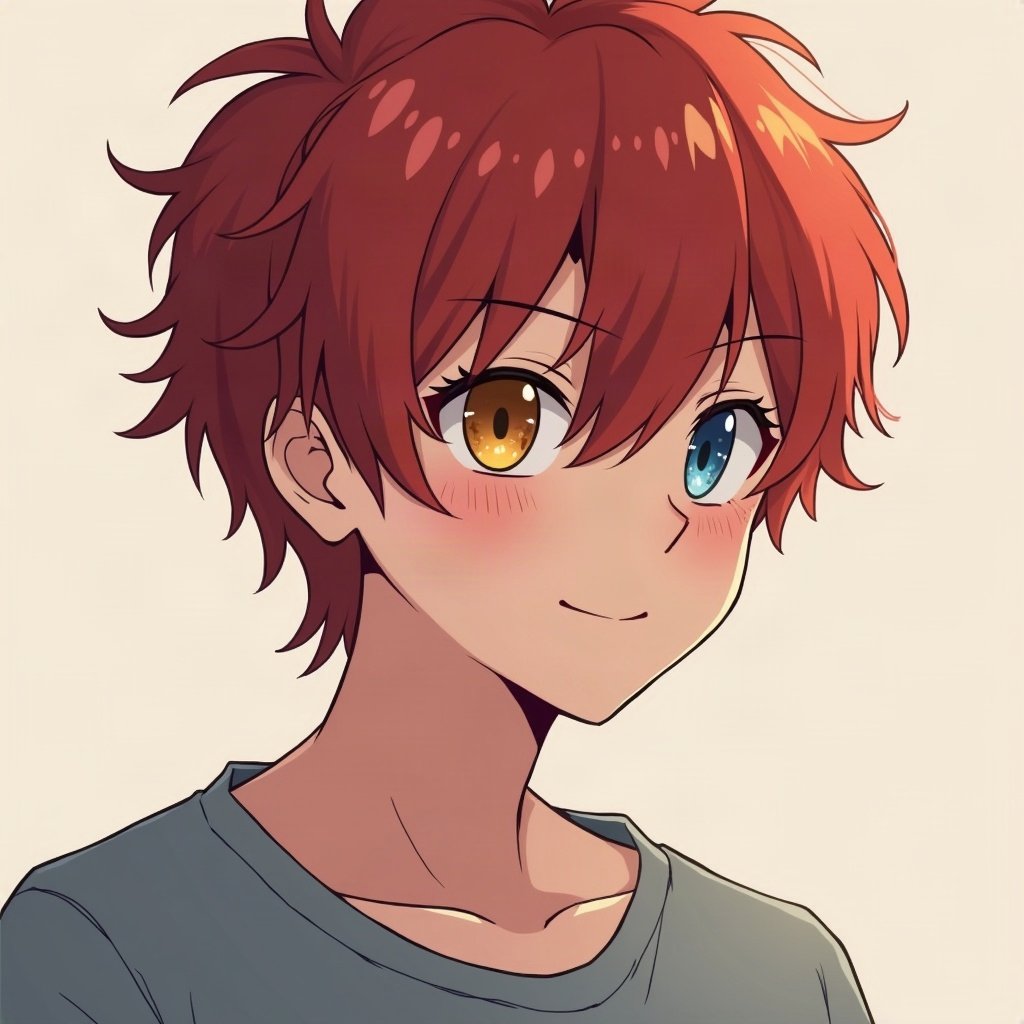anime boy pfp — crimson red hair, heterochromia one blue one gold, gentle soft smile