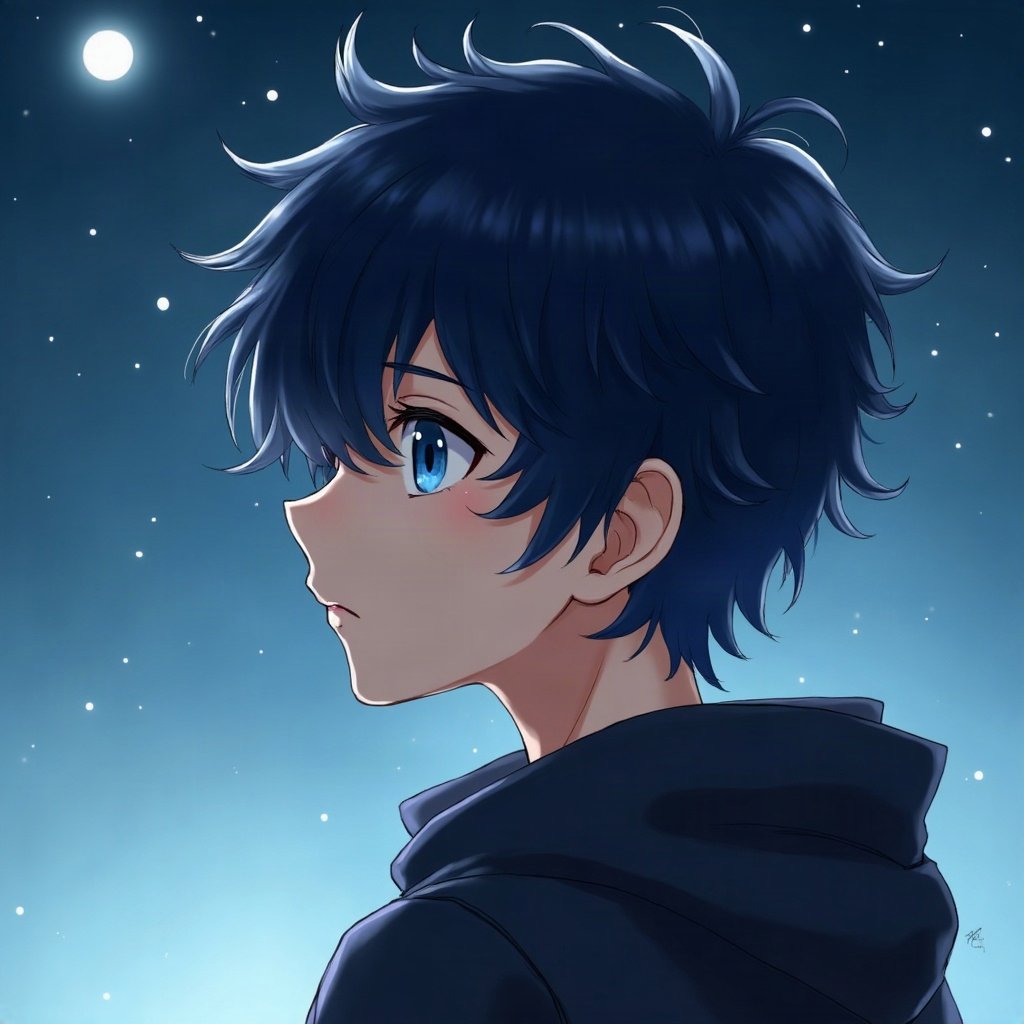 anime boy pfp — dark blue tousled hair, heterochromia one blue one gold, cold distant stare