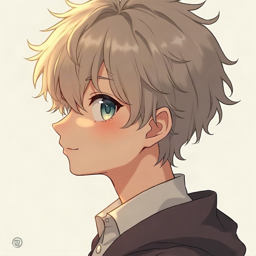 anime boy pfp — ash blond fringe over one eye, heterochromia one blue one gold, gentle soft smile