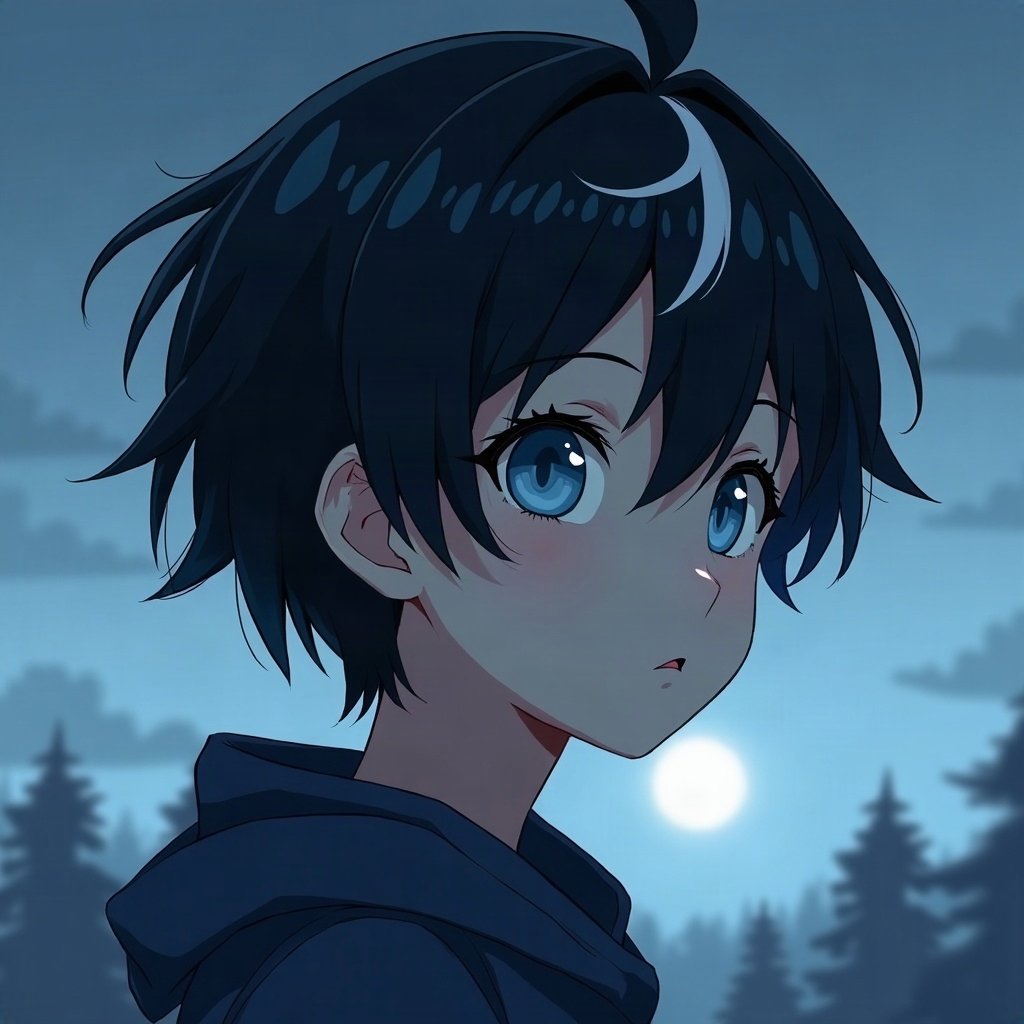 anime boy pfp — black hair with white streak, calm blue eyes, cold distant stare