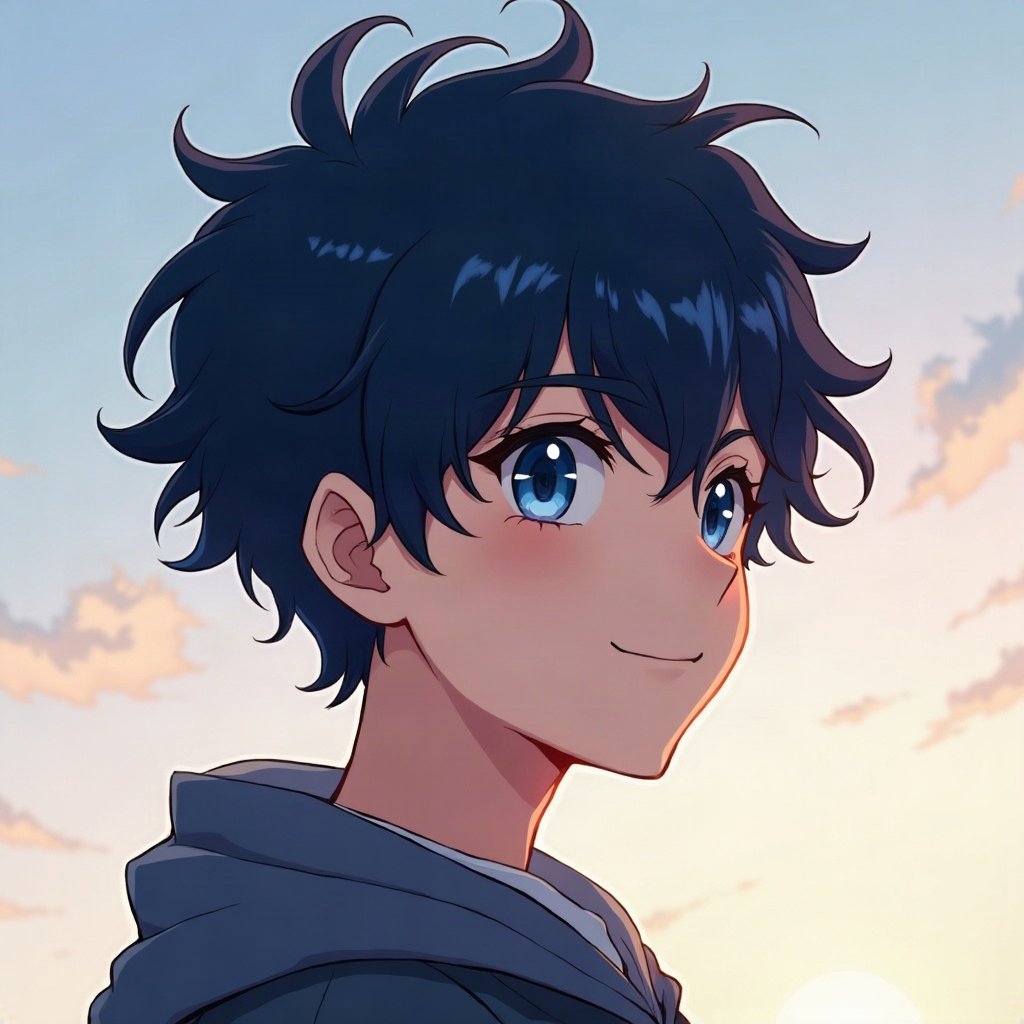 anime boy pfp — dark blue tousled hair, calm blue eyes, gentle soft smile
