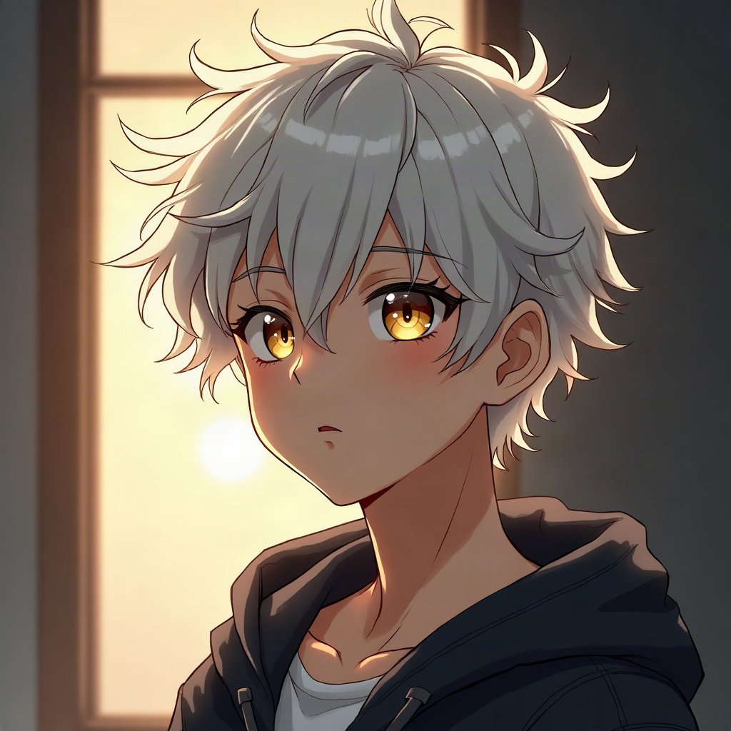 anime boy pfp — messy white hair, golden amber eyes, cold distant stare