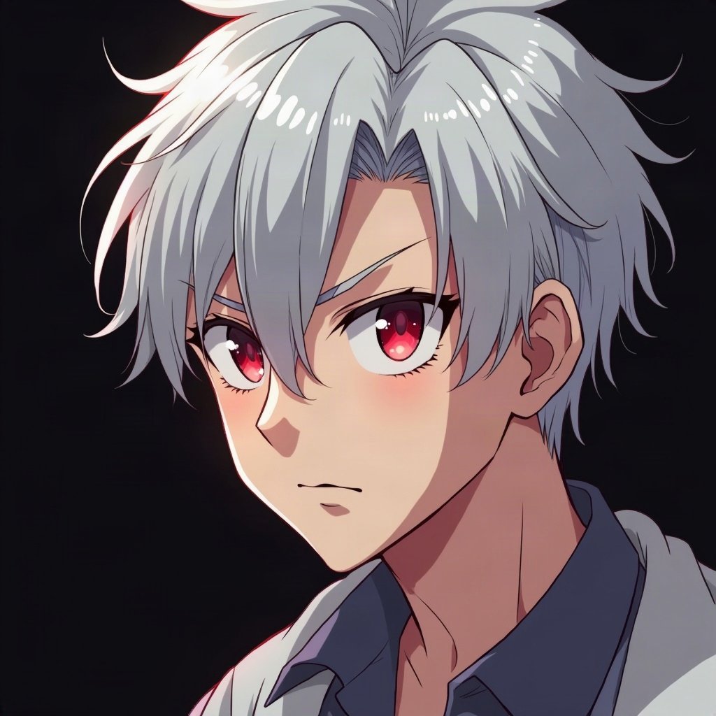 anime boy pfp — silver undercut, piercing red eyes, confident smirk