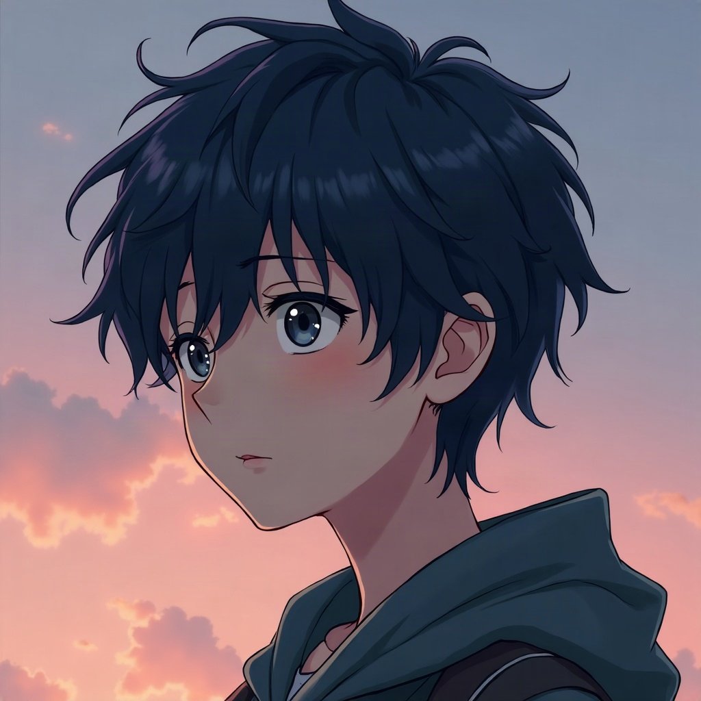 anime boy pfp — dark blue tousled hair, tired grey eyes, thoughtful side glance