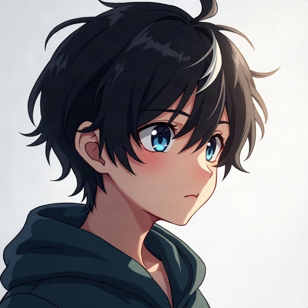 anime boy pfp — black hair with white streak, heterochromia one blue one gold, thoughtful side glance