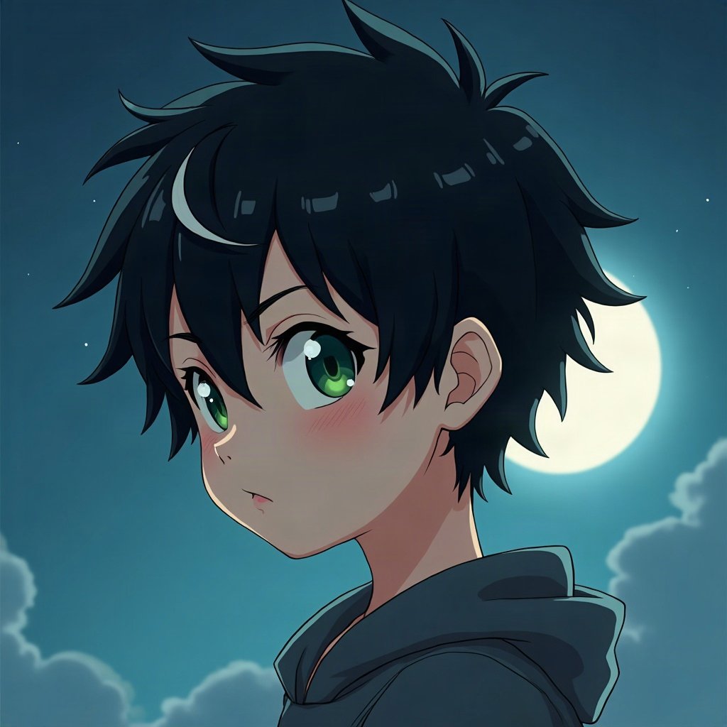 anime boy pfp — black hair with white streak, sharp green eyes, thoughtful side glance