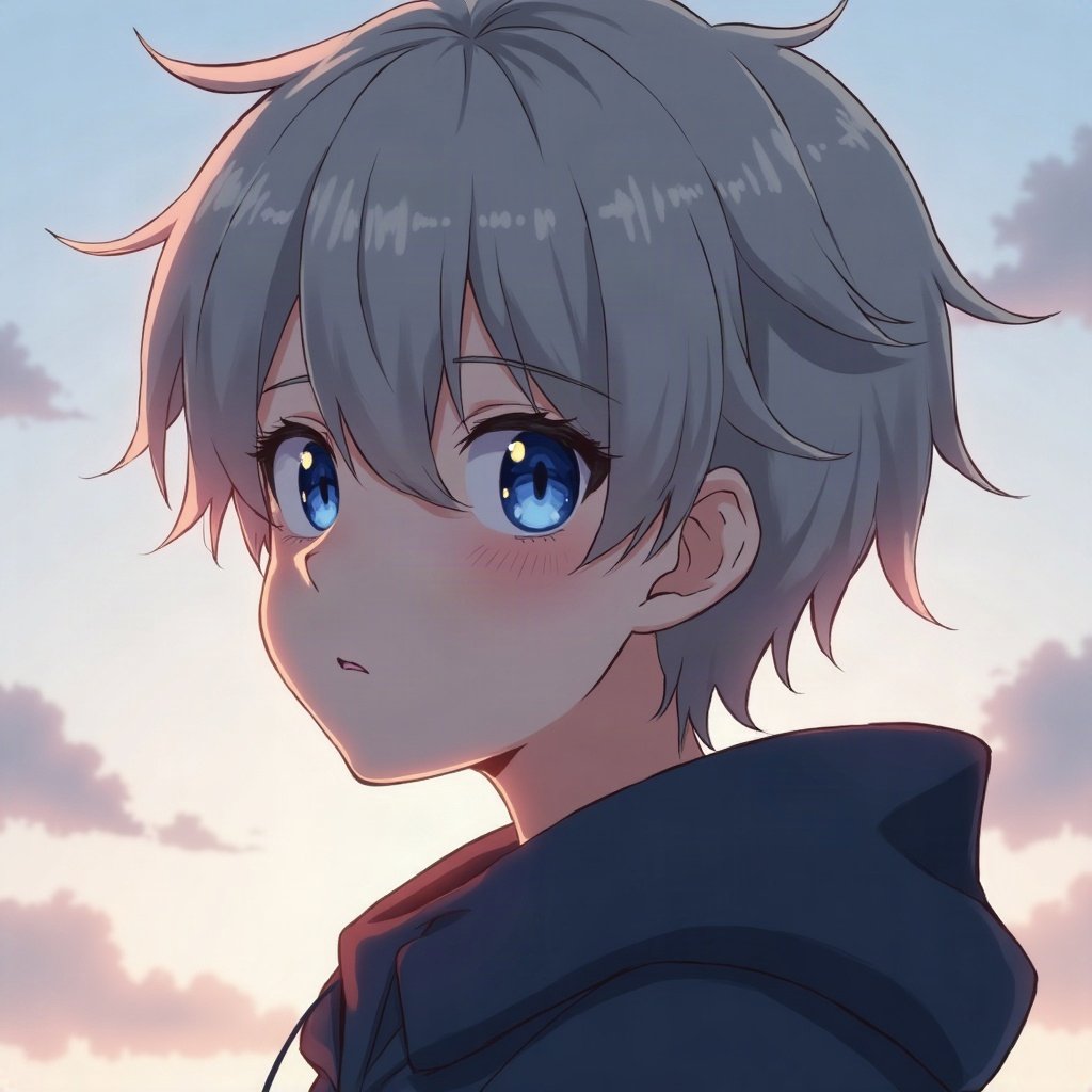 anime boy pfp — ash blond fringe over one eye, calm blue eyes, cold distant stare