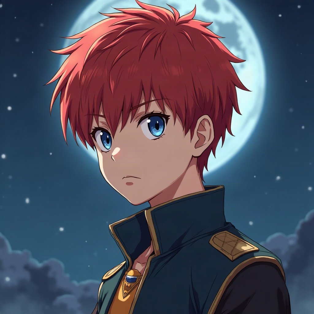 anime boy pfp — crimson red hair, heterochromia one blue one gold, battle-ready focus