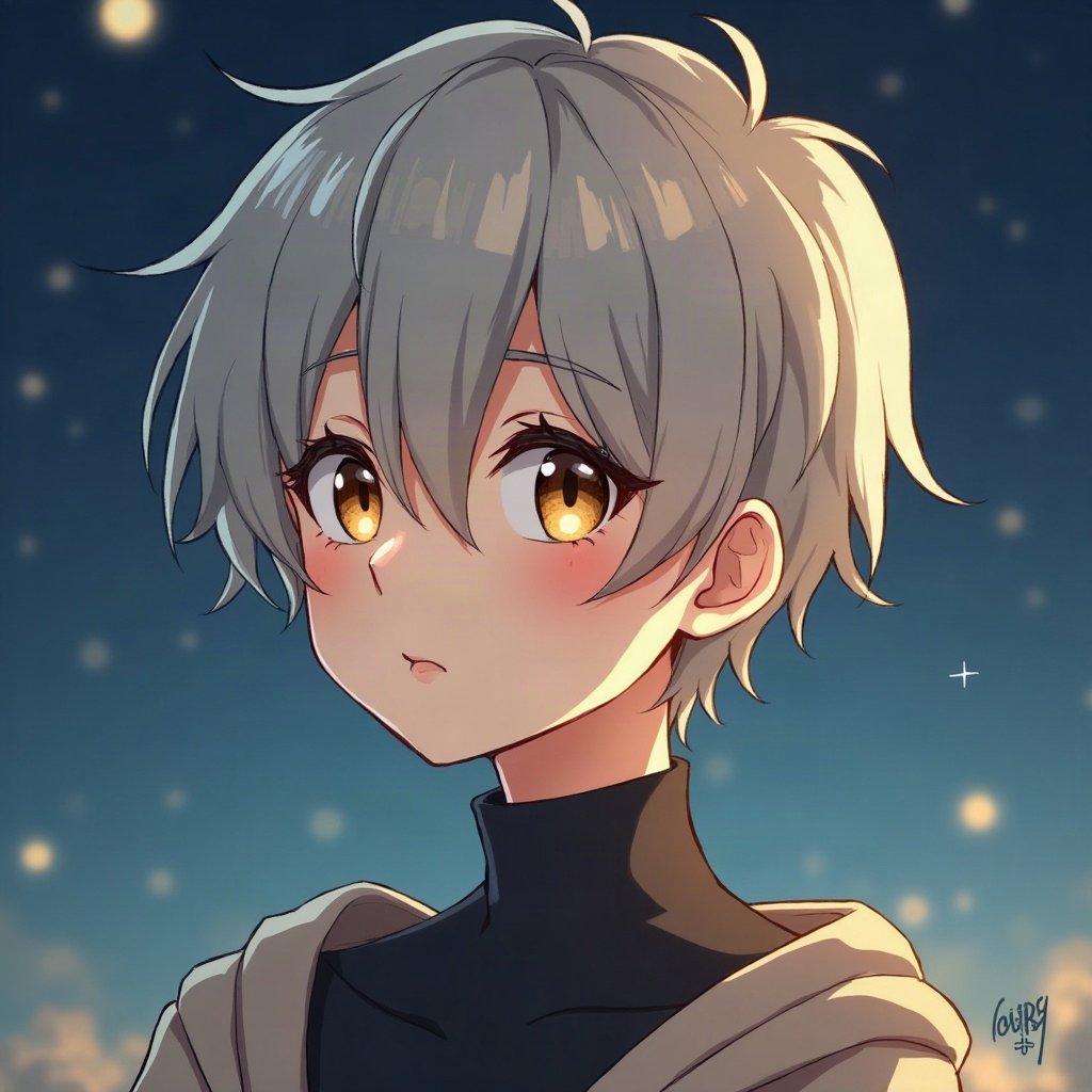 anime boy pfp — ash blond fringe over one eye, golden amber eyes, thoughtful side glance