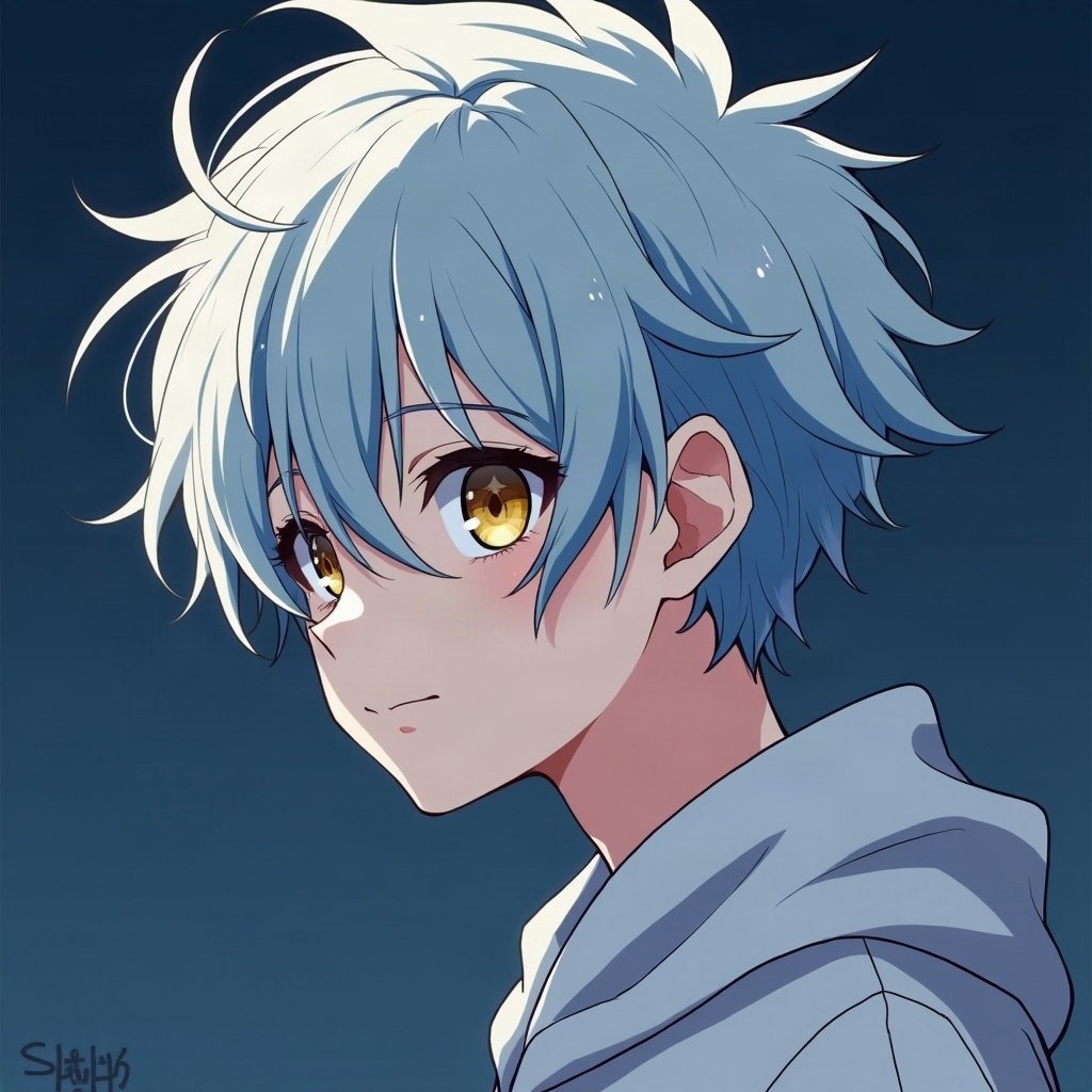 anime boy pfp — silver undercut, heterochromia one blue one gold, thoughtful side glance