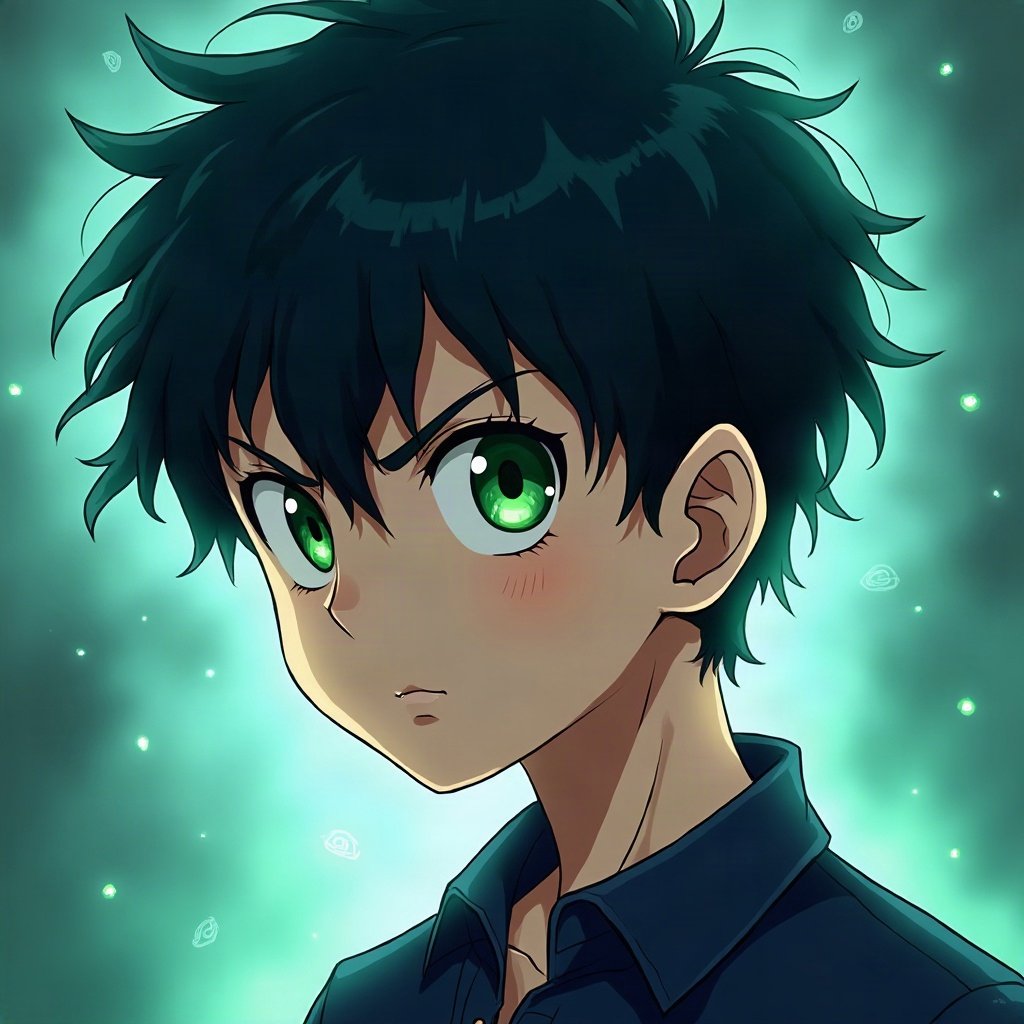 anime boy pfp — dark blue tousled hair, sharp green eyes, battle-ready focus