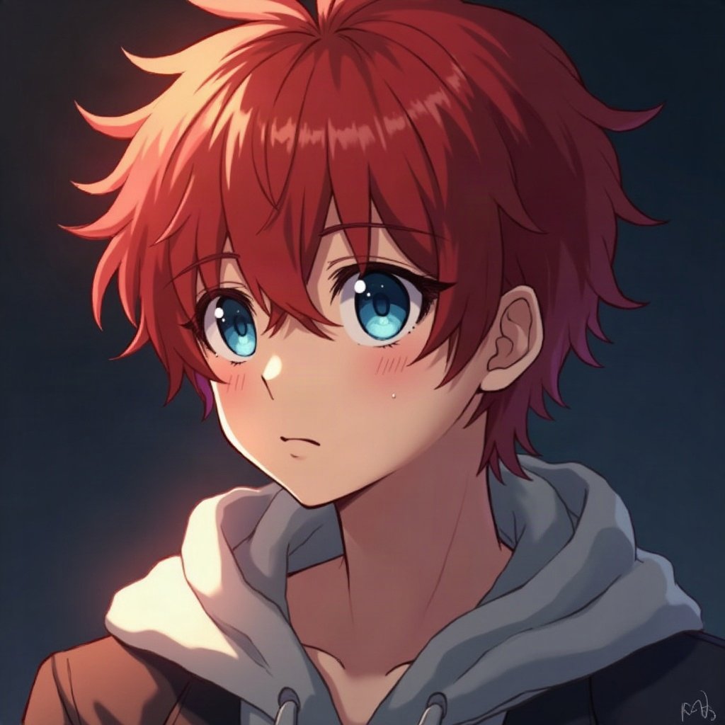 anime boy pfp — crimson red hair, calm blue eyes, gentle soft smile