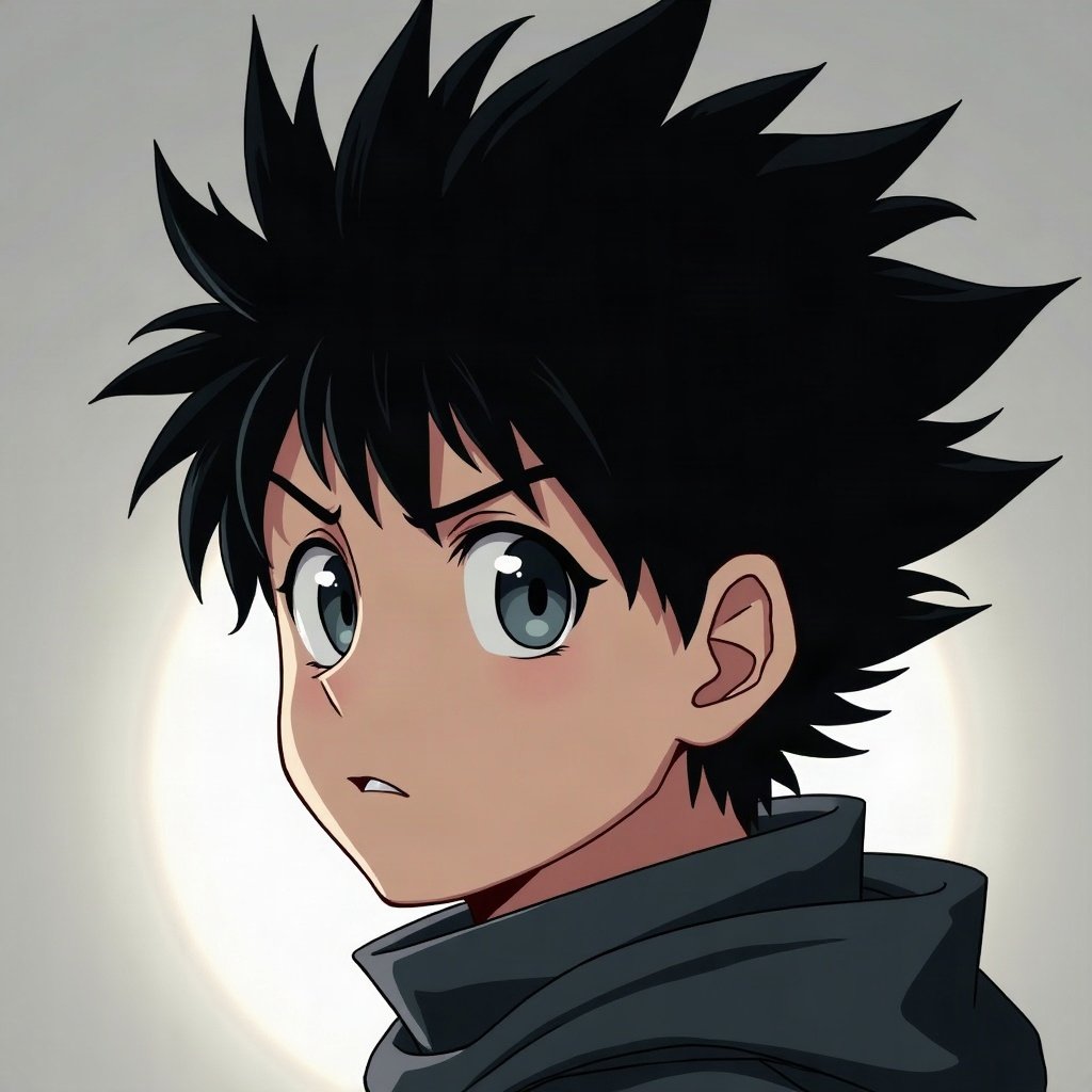 anime boy pfp — spiky black hair, tired grey eyes, battle-ready focus