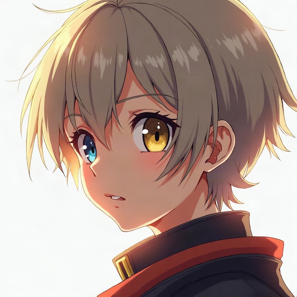 anime boy pfp — ash blond fringe over one eye, heterochromia one blue one gold, battle-ready focus