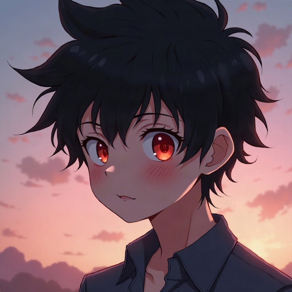 anime boy pfp — spiky black hair, piercing red eyes, gentle soft smile