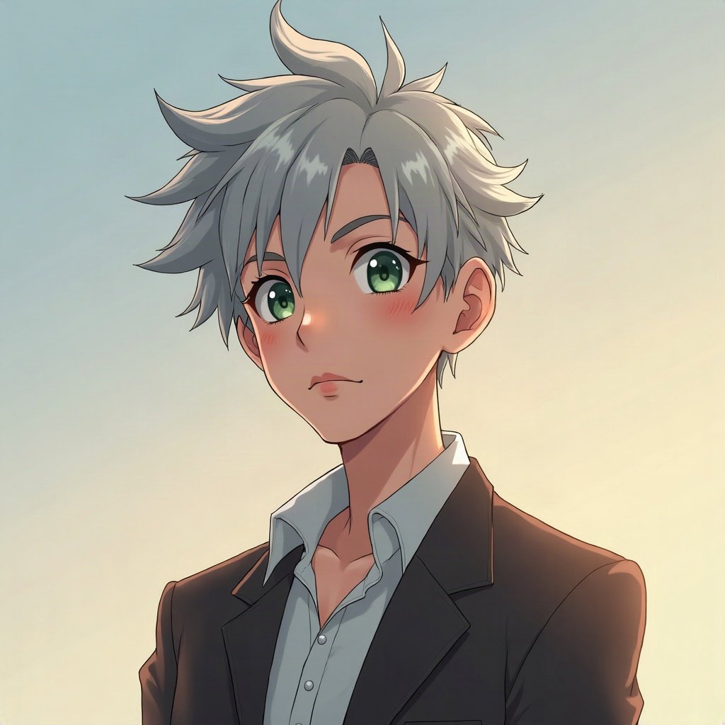 anime boy pfp — silver undercut, sharp green eyes, thoughtful side glance