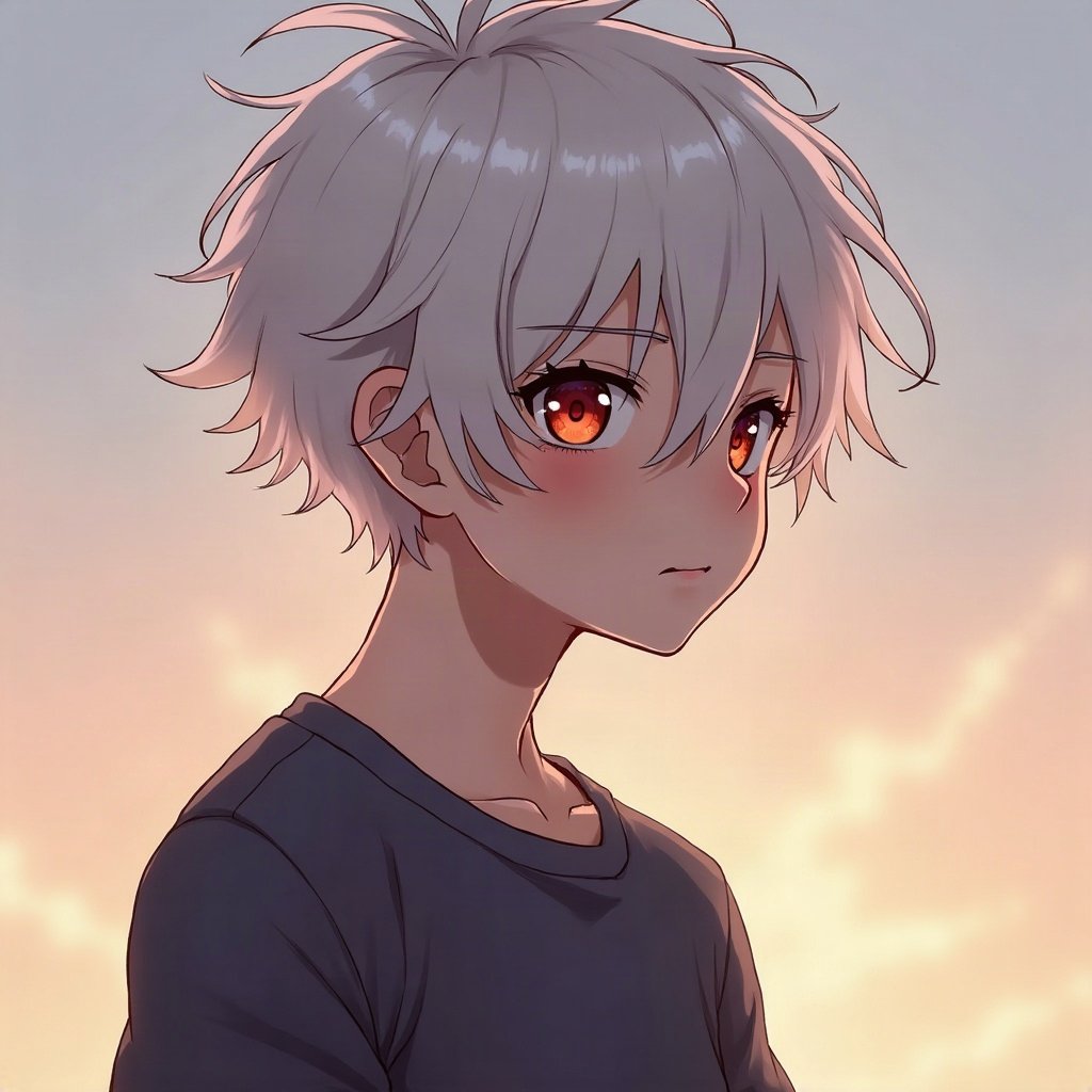 anime boy pfp — messy white hair, piercing red eyes, thoughtful side glance