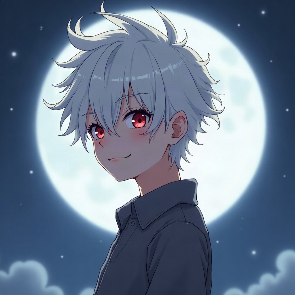 anime boy pfp — messy white hair, piercing red eyes, gentle soft smile