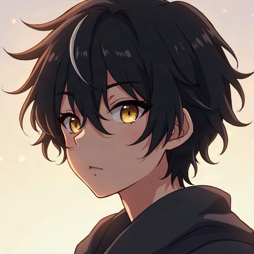 anime boy pfp — black hair with white streak, golden amber eyes, cold distant stare