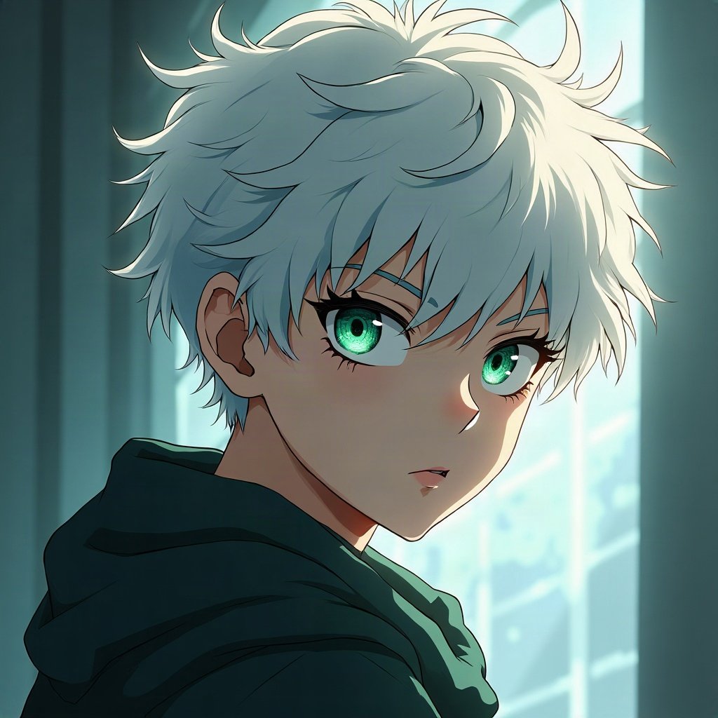 anime boy pfp — messy white hair, sharp green eyes, cold distant stare