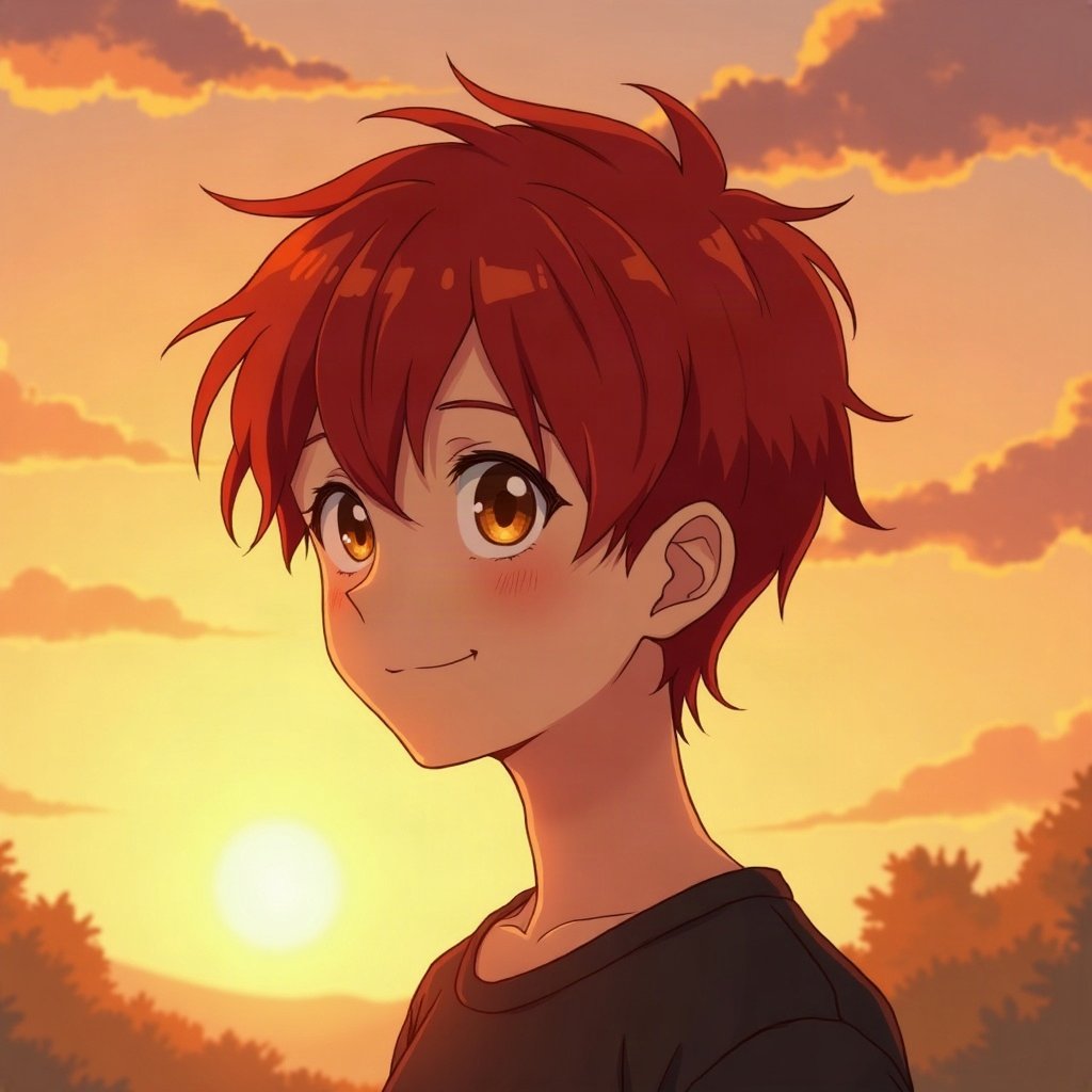 anime boy pfp — crimson red hair, golden amber eyes, gentle soft smile