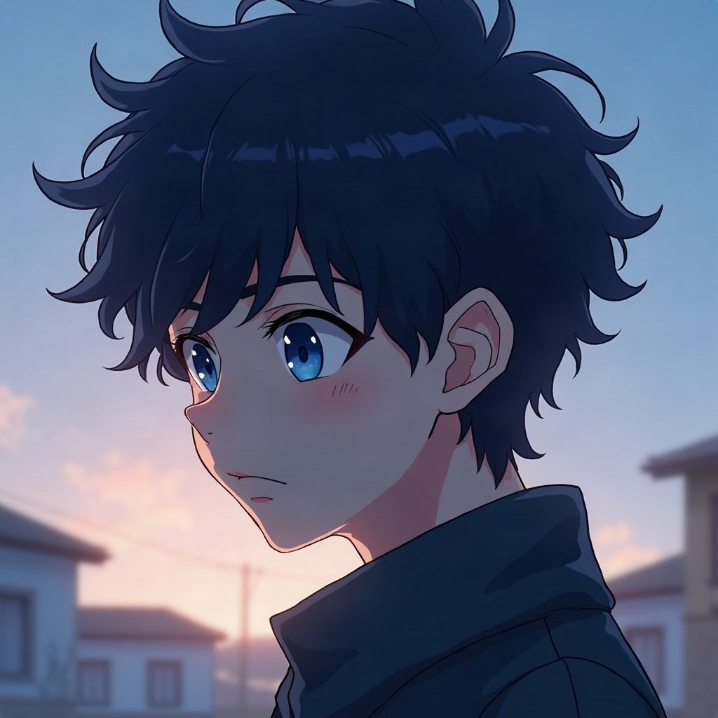 anime boy pfp — dark blue tousled hair, calm blue eyes, cold distant stare