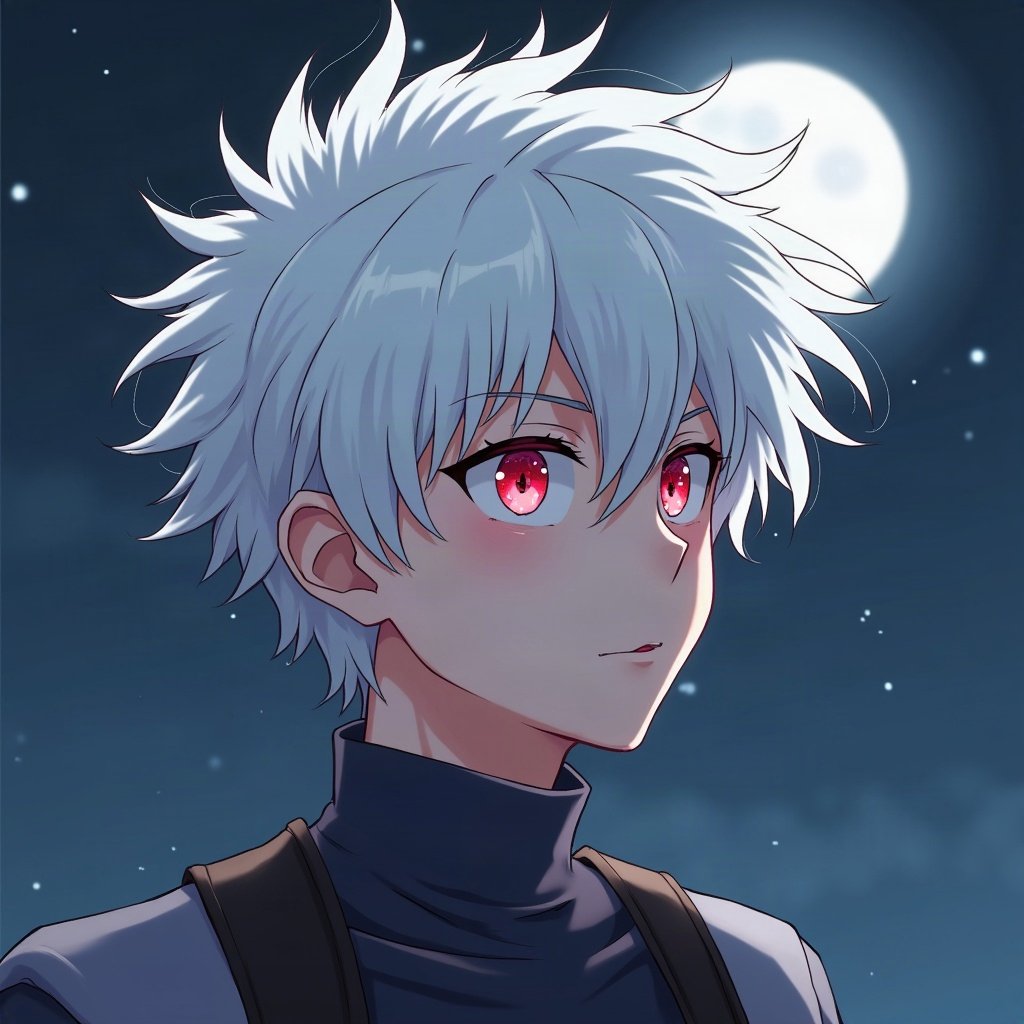 anime boy pfp — messy white hair, piercing red eyes, battle-ready focus