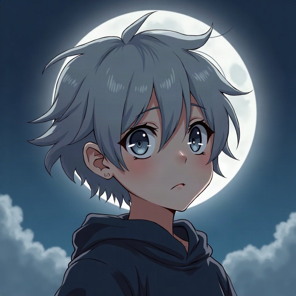 anime boy pfp — ash blond fringe over one eye, tired grey eyes, battle-ready focus