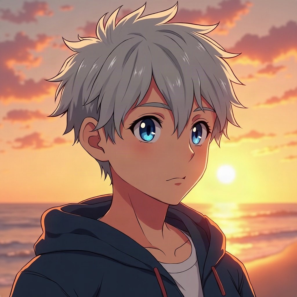 anime boy pfp — silver undercut, calm blue eyes, battle-ready focus