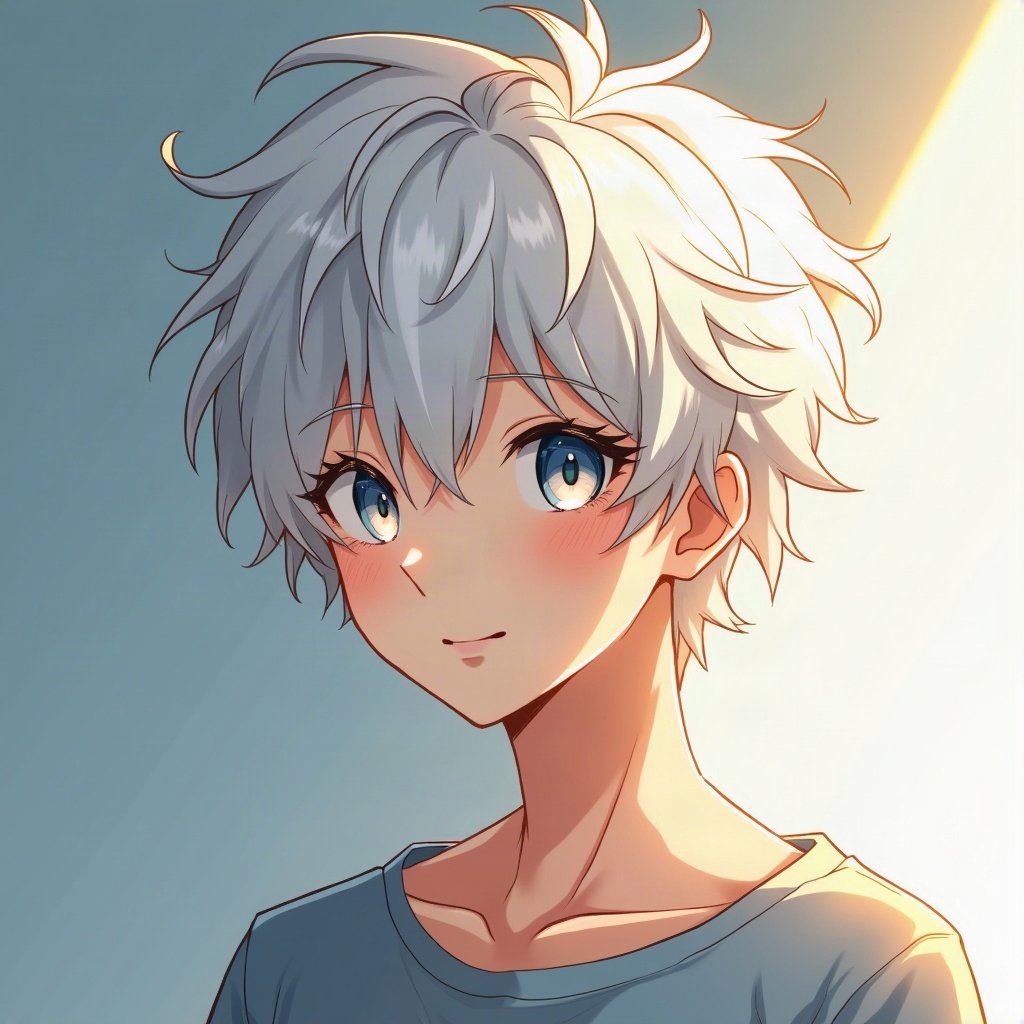 anime boy pfp — messy white hair, heterochromia one blue one gold, gentle soft smile