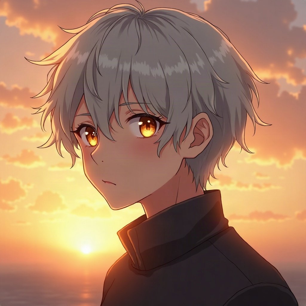 anime boy pfp — silver undercut, golden amber eyes, cold distant stare