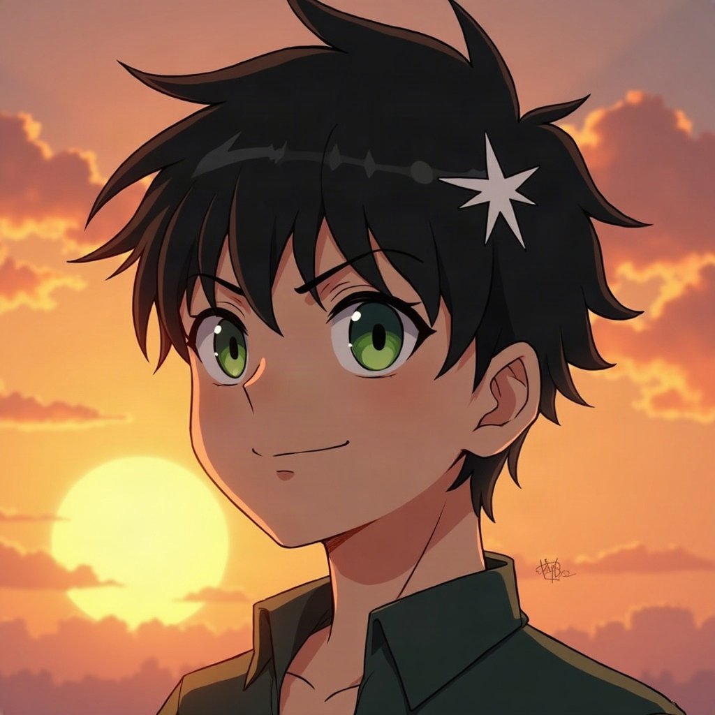 anime boy pfp — black hair with white streak, sharp green eyes, confident smirk