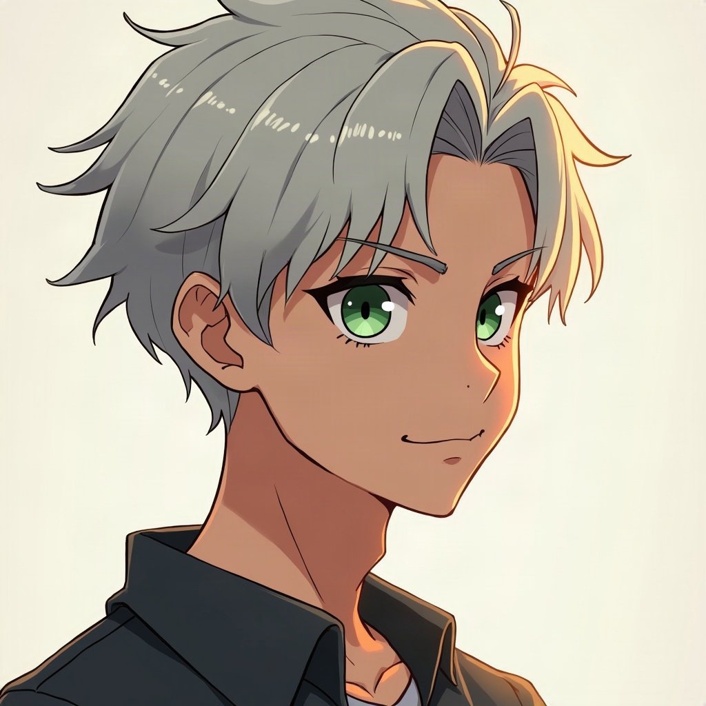 anime boy pfp — silver undercut, sharp green eyes, confident smirk