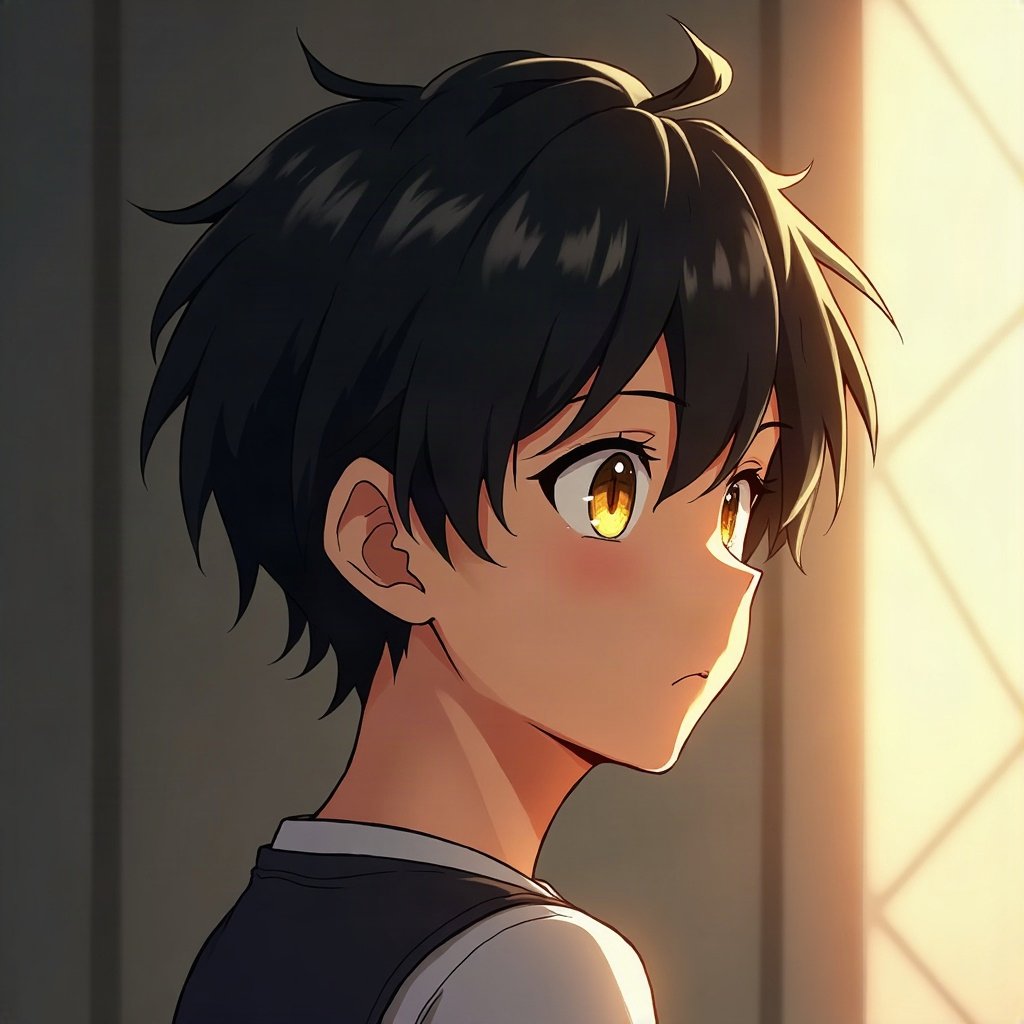anime boy pfp — black hair with white streak, golden amber eyes, thoughtful side glance