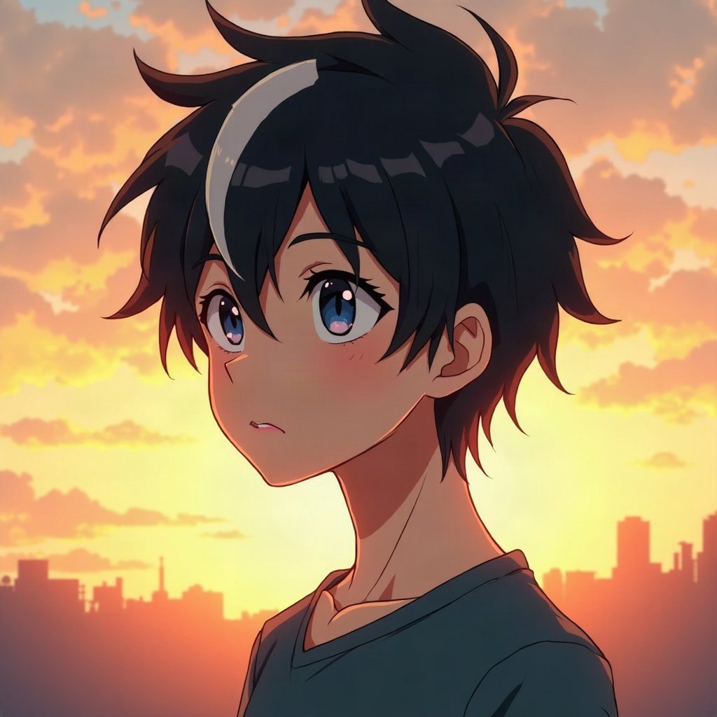anime boy pfp — black hair with white streak, heterochromia one blue one gold, thoughtful side glance