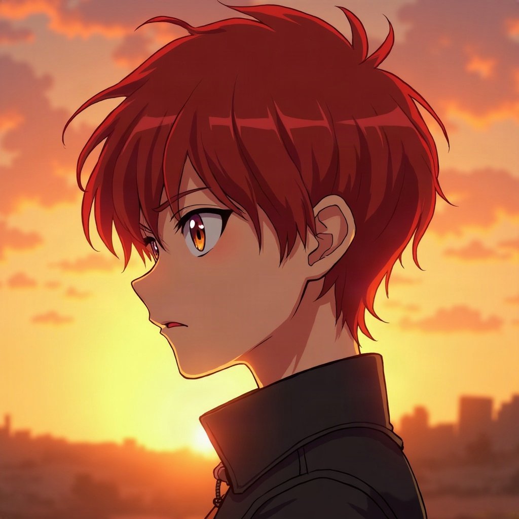 anime boy pfp — crimson red hair, golden amber eyes, cold distant stare