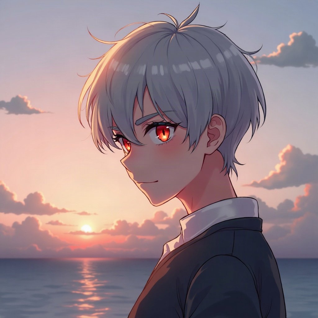 anime boy pfp — silver undercut, piercing red eyes, gentle soft smile