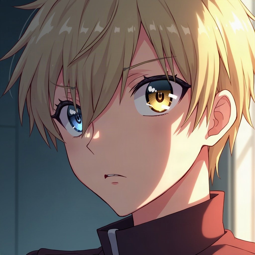 anime boy pfp — ash blond fringe over one eye, heterochromia one blue one gold, battle-ready focus