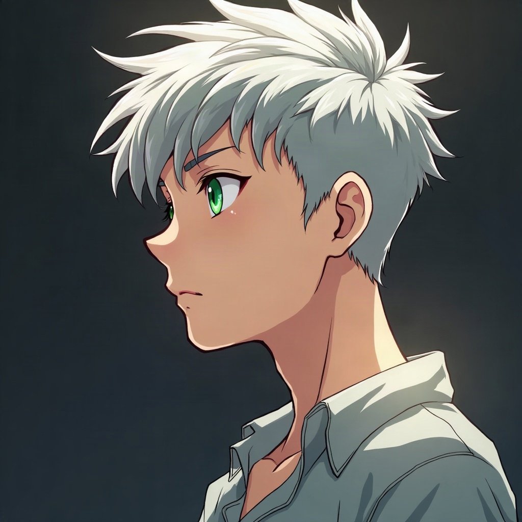 anime boy pfp — silver undercut, sharp green eyes, thoughtful side glance