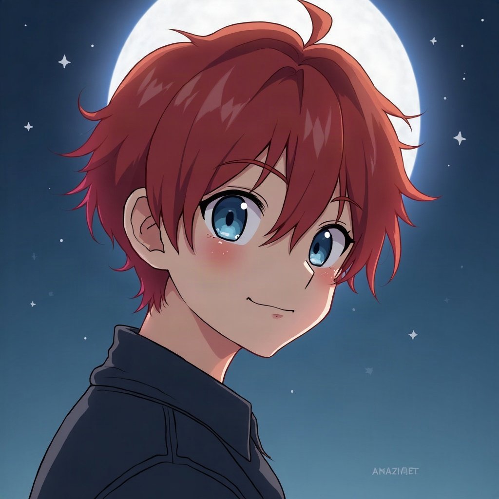 anime boy pfp — crimson red hair, calm blue eyes, gentle soft smile